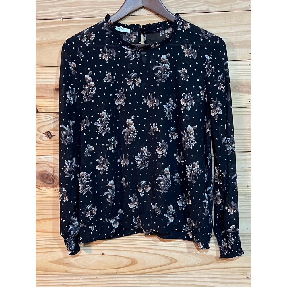 Maurices Sheer Blouse Black Floral Flirty Boho Ruffle Long Sleeve Womens Medium